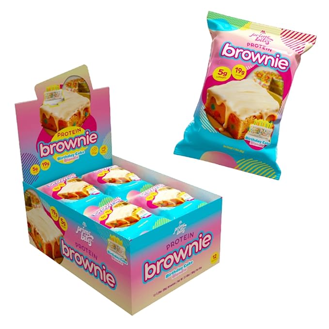 Prime Bites High Protein Brownie (12 Per Box Birthday Cake Blondie) - 19g of Protein 5g of Collagen Gluten Free Low Sugar Treat Delicious Protein Snack