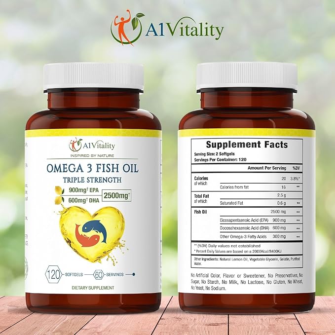 Omega 3 Triple Strength EPA DHA Supplement - 2500mg Lemon Flavored Burpless Fish Oil - High Potency 900mg EPA 600mg DHA Supports Circulation Brain Heart Eye Skin Bone &amp Joints - 120 Softgels