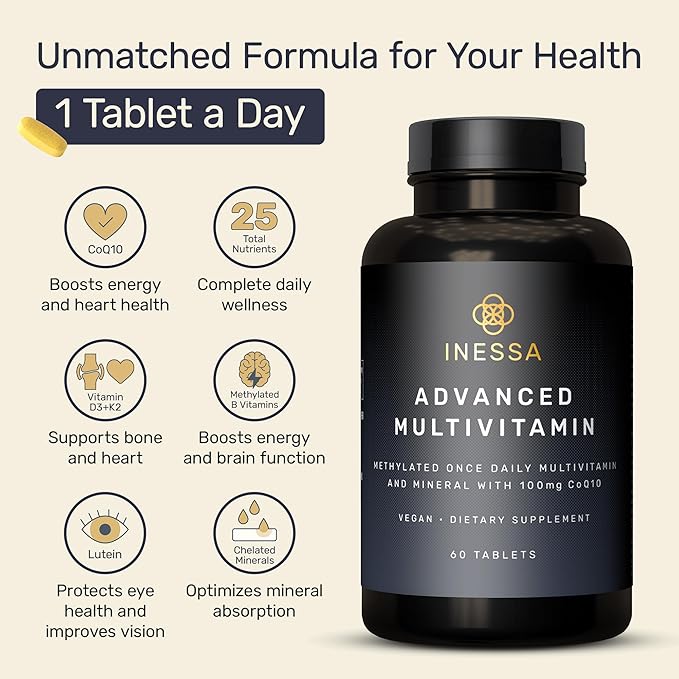 Inessa Methylated Multivitamin for Men and Women - Advanced Natural Daily Mens Multivitamins with CoQ10 100mg Vitamins D3 K2 A B Complex Vitamins Folic Acid &amp Zinc - 60 Vegan Tablets