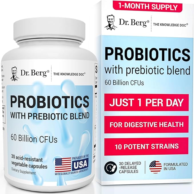 Dr. Berg Probiotic Supplement (60 Billion CFUs) - Helps Ease Occasional Constipation Diarrhea Gas &amp Bloating* - Pre and Probiotics for Digestive Health - 30 Probiotic Capsules