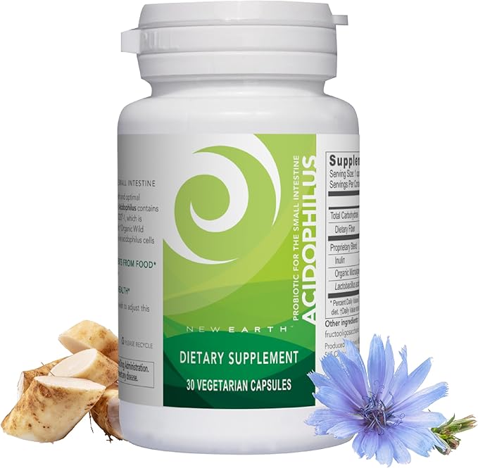 New Earth Acidophilus - Probiotic for Upper GI Support - Lactobacillus DDS-1 Inulin Prebiotic &amp Organic Wild Microalgae - 5 Billion CFU for Gut Health Digestion &amp Immune Function - Vegan 30