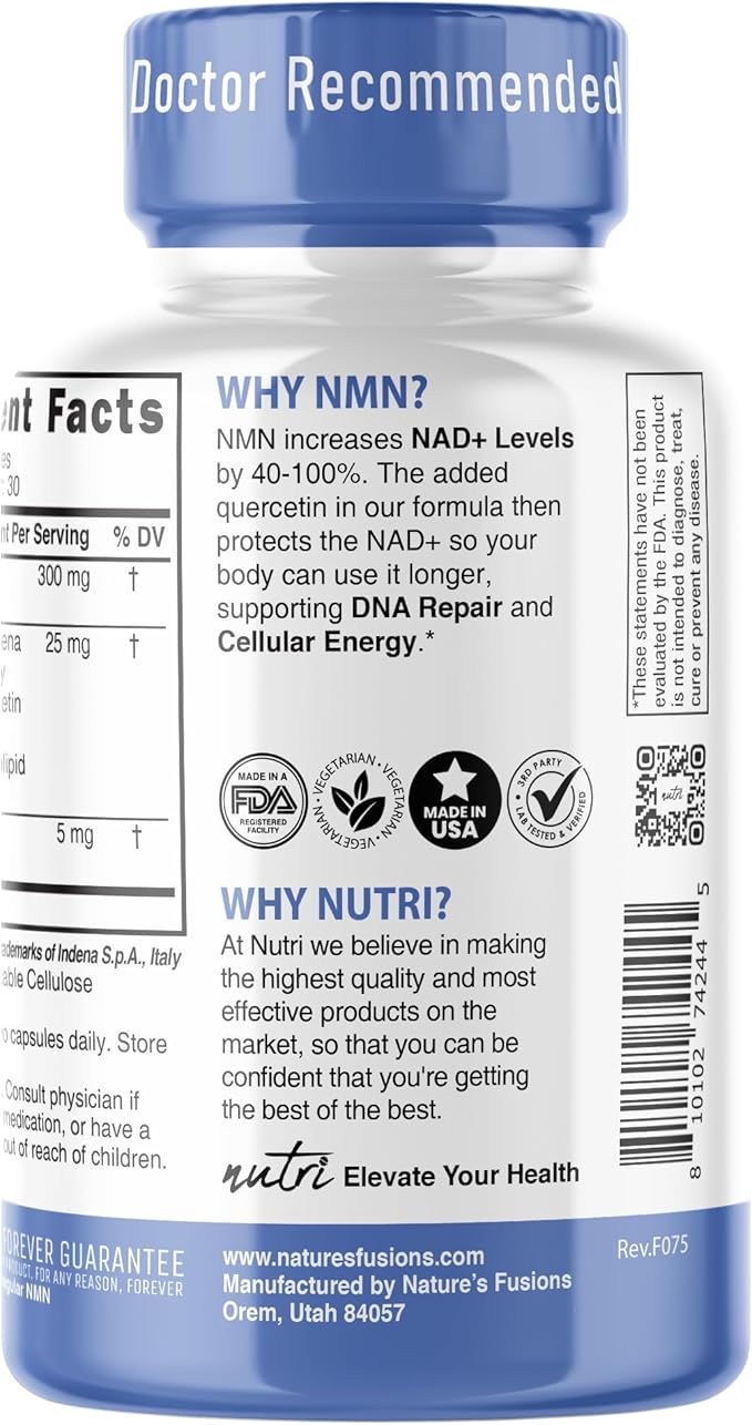 Nutri NMN Supplement 300mg NAD Supplement - (2 Pack) Ultra High Absorption Nicotinamide Mononucleotide 40% More NAD+ with Quercetin Phytosome &amp Black Pepper - 120 Capsules - 3rd Party Tested