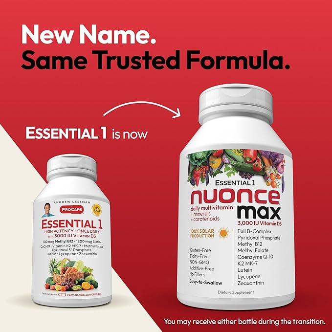 ANDREW LESSMAN Essential-1 nuonce max Multivitamin 3000 IU Vitamin D3 180 Small Capsules. 100 mcg Methyl B12. CoQ10 Lutein Lycopene Zeaxanthin. High Potency. No Additives. Ultra-Mild One Daily Capsule