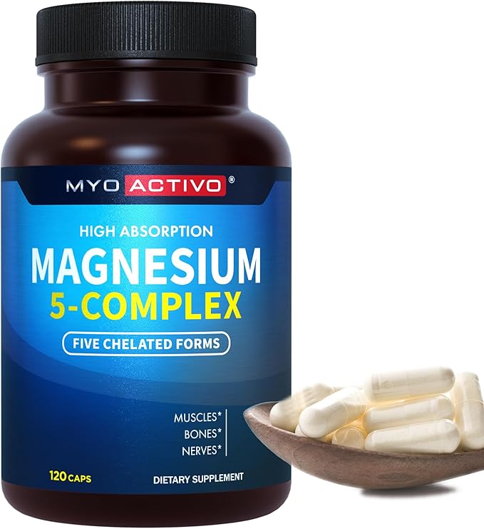 Magnesium 5 Complex - Chelated Magnesium Glycinate Malate Citrate Taurate &amp Aspartate for Nerves Muscles Bones - 1 Pack