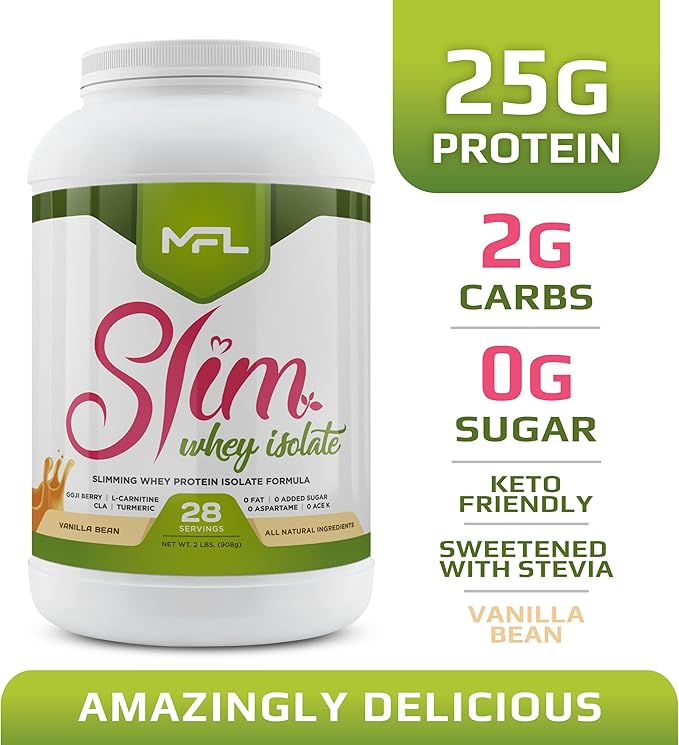 MFL Slim WHEY Protein Powder | 28g Protein | Low Carbs | Slimming Nutritional Shake | Sweetened with Stevia | 2 lbs. (Vanilla)