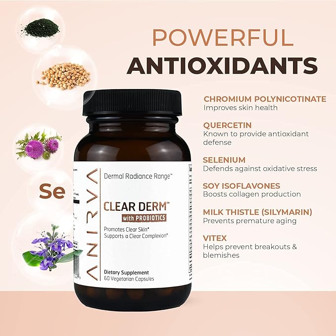 Clear Skin Supplement with Zinc &amp Probiotics for Adults – Supports Hormonal Acne Breakouts &amp Rosacea – Acne Pills for Clearer Complexion – Anirva ClearDerm