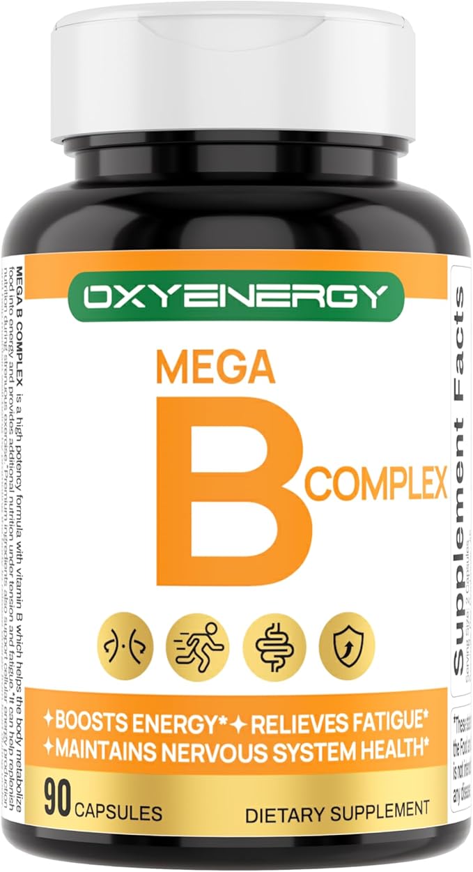 OxyEnergy Mega Vitamin B Complex for Women and Men with Choline Inositol Biotin Folic Acid B1 B2 B3 B5 B6 B12 Neurological Health Support Cellular Energy - 90 Capsules45Days Supply
