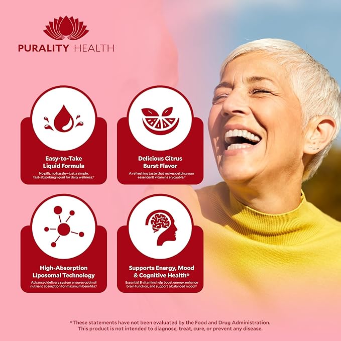 Vitamin B Complex Liquid Supplement Purality Health Liposomal Enhanced Absorption B1 B2 B3 B5 B6 B12 &amp Biotin + Essential Minerals 15 Day Supply