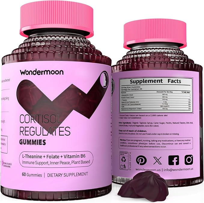 Wondermoon Cortisol Gummies for Women – Ashwagandha Rhodiola L-Theanine B6 &amp Magnesium – Stress Balance &amp Relaxation Blueberry Flavor – 60 Gummies