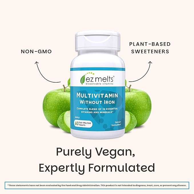 EZ Melts Multivitamin Without Iron - Daily Supplement with 18 Vitamins &amp Minerals - Contains Vitamin C Folate Biotin &amp More - Non-GMO &amp Vegan - Apple - 60 Dissolvable Tablets (30 Serving
