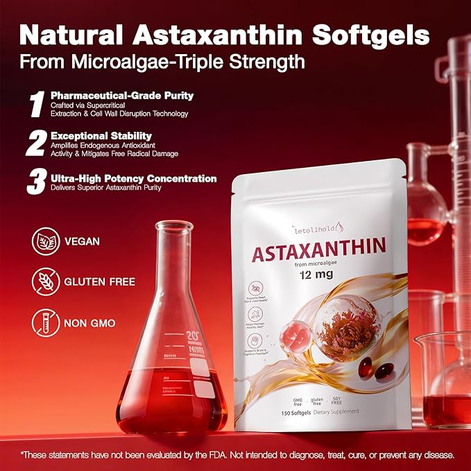 Astaxanthin 12mg 150 Softgels - 5 Month Supply Astaxanthin Supplements Sourced from Fresh Microalgae Non-GMO Gluten Free Easy to Swallow