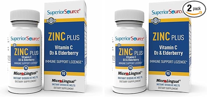 Superior Source Zinc Plus - Immune System Health Support Supplement - Vitamin C Elderberry &amp Vitamin D3-90 Instant Dissolve Tablets (Pack of 2)