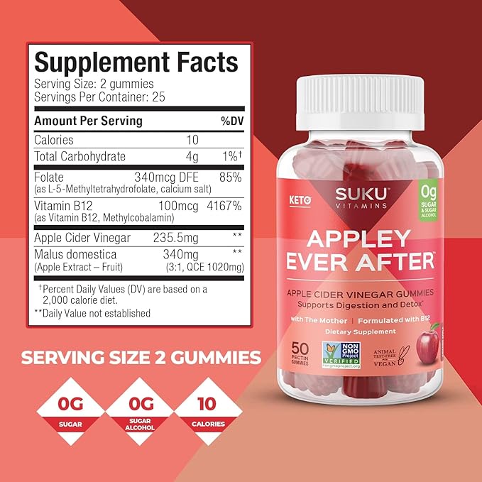 SUKU Appley Ever After Gummies – Apple Cider Vinegar with Methylated B12 &amp Folate – Sugar-Free Gluten-Free Vegan Detox &amp Energy Support – Amazing Apple Flavor – 50 Count