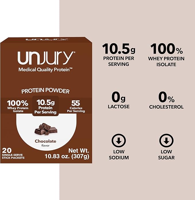 Unjury Whey Protein Powder Individual Stick Packs | Chocolate | 10.5g 100% Whey Isolate Protein Powder | Low Carb and Lactose Free | Gluten Free | Certified Kosher | 20 Servings