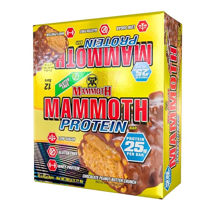 MAMMOTH Protein Bar 25g Protein Low Sugar Low Carb Gluten Free 12 x 65g (12 Count Peanut Butter Crunch)