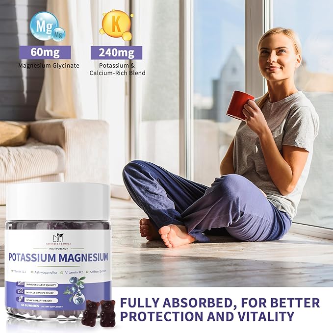 2 Pack Potassium Magnesium Gummies Sugar-Free Potassium Gummies with Magnesium Glycinate 500mg Chewable Potassium Magnesium Supplements with Calcium Zinc &amp Vitamins to Support Leg Muscle Relaxat