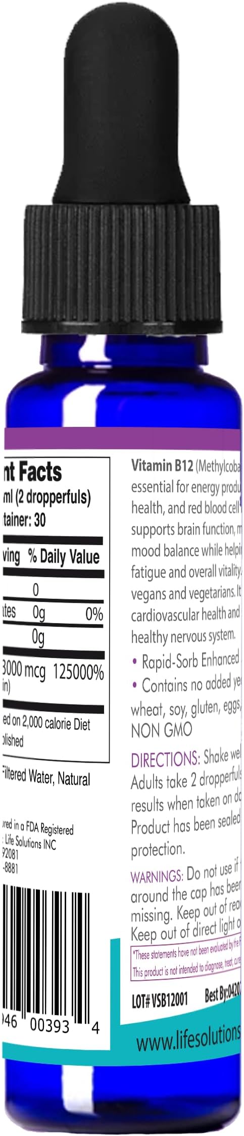 Life Solutions Liquid Vitamin B12 Methylcobalamin - Made in USA Supports Energy &amp Metabolism High Absorption Vitamina B12 Drops 2 Fl Oz Non-GMO Gluten-Free