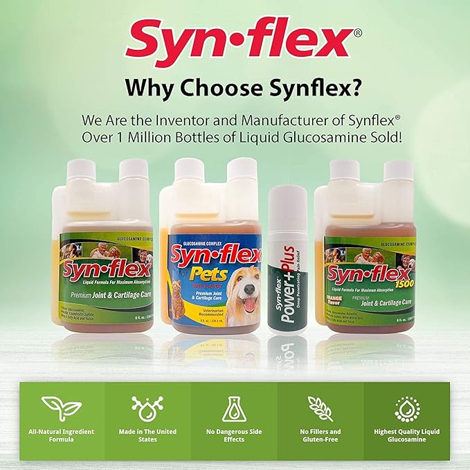 Synflex 1500mg Liquid Glucosamine &amp Chondroitin Supplement - HSA/FSA High Concentration and Fast-Absorbing Joint Support Formula with White Willow Bark Manganese and Boswellin 32-Day Supply
