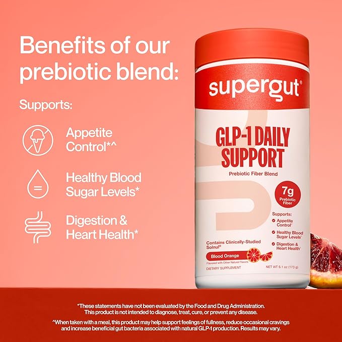 Supergut GLP1 Daily Support Blood Orange - High Fiber GLP-1 Supplement Powder for Women &amp Men - Sugar-Free Drink Mix for Gut Health &amp Digestive Support (18 Servings)