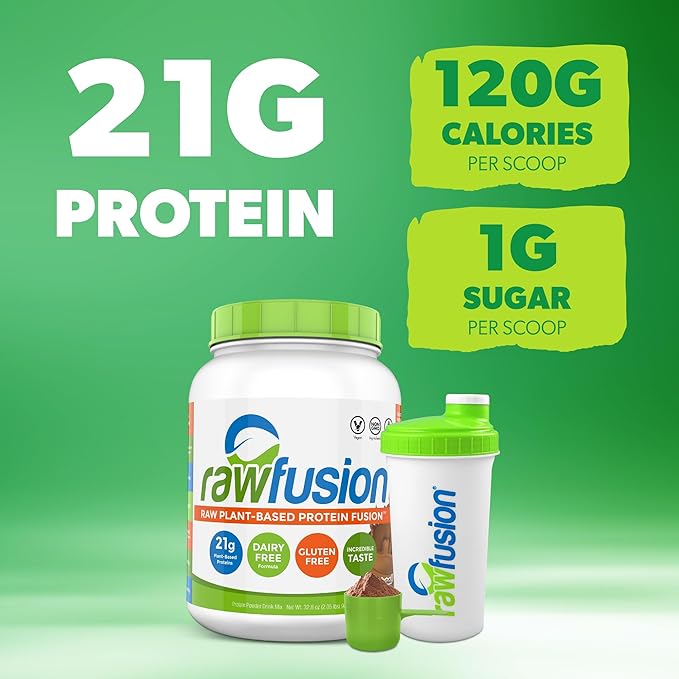 Rawfusion- Vegan Protein Powder Natural Chocolate - 30 Servings 21g of Plant Based Protein Low Net Carbs Non-Dairy Gluten/Lactose Free Soy Free Kosher Non-GMO 2lbs Pound