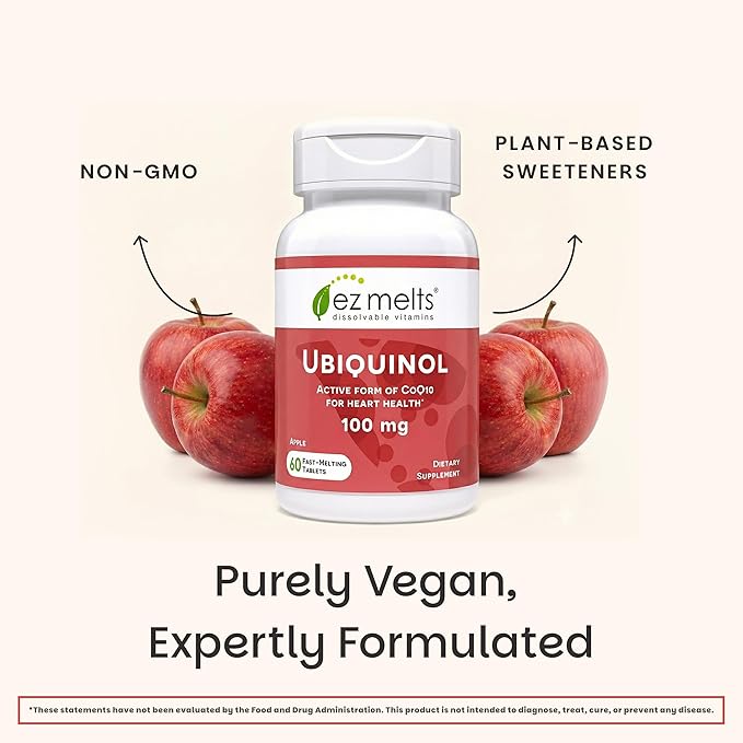EZ Melts Ubiquinol 100 mg - CoQ10 Supplement for Heart Health &amp Energy Support - Antioxidant Protection - No Artificial Flavors - Non-GMO &amp Vegan - Apple - 60 Dissolvable Tablets (60 Servings)