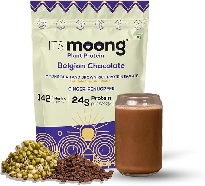 It's Moong Mung Bean &amp Brown Rice Isolate Plant Protein 24gms per Serve 4.7gms BCAA Belgian Chocolate 500gms Sprouted Plant Based Protein Easy on the Gut Easy Digestibility