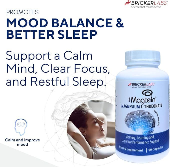Bricker Labs Magtein® Magnesium L-Threonate Supplement – Brain Health Memory Focus Learning &amp Cognitive Function Support – 90 Capsules 30 Servings