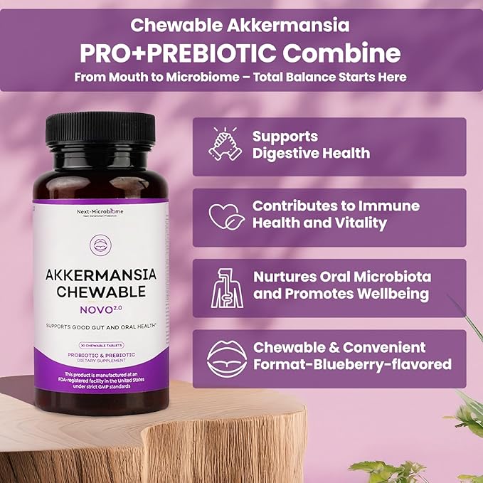 Chewable Akkermansia Probiotic and Prebiotic Supplement NOVO 2.0 with HMO Supports Gut and Oral Microbiome Supplements for Digestive Health and Skin Vitality Targeted Delivery 30 Tablets