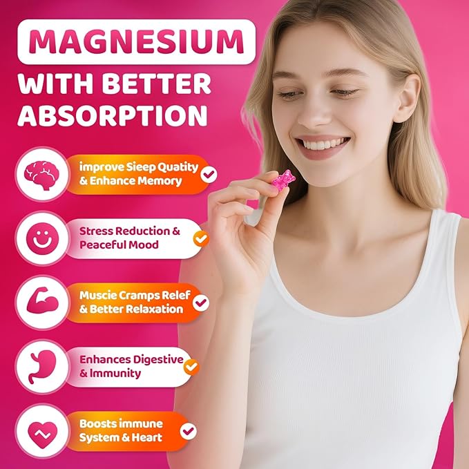 Magnesium glycinate Gummies High Absorption Magnesium Glycinate- Sugar Free Vegan Gummies for Adults with Vitamin D3 Zinc - Sleep Stress Bone &amp Memory Support - 60 Count Raspberry