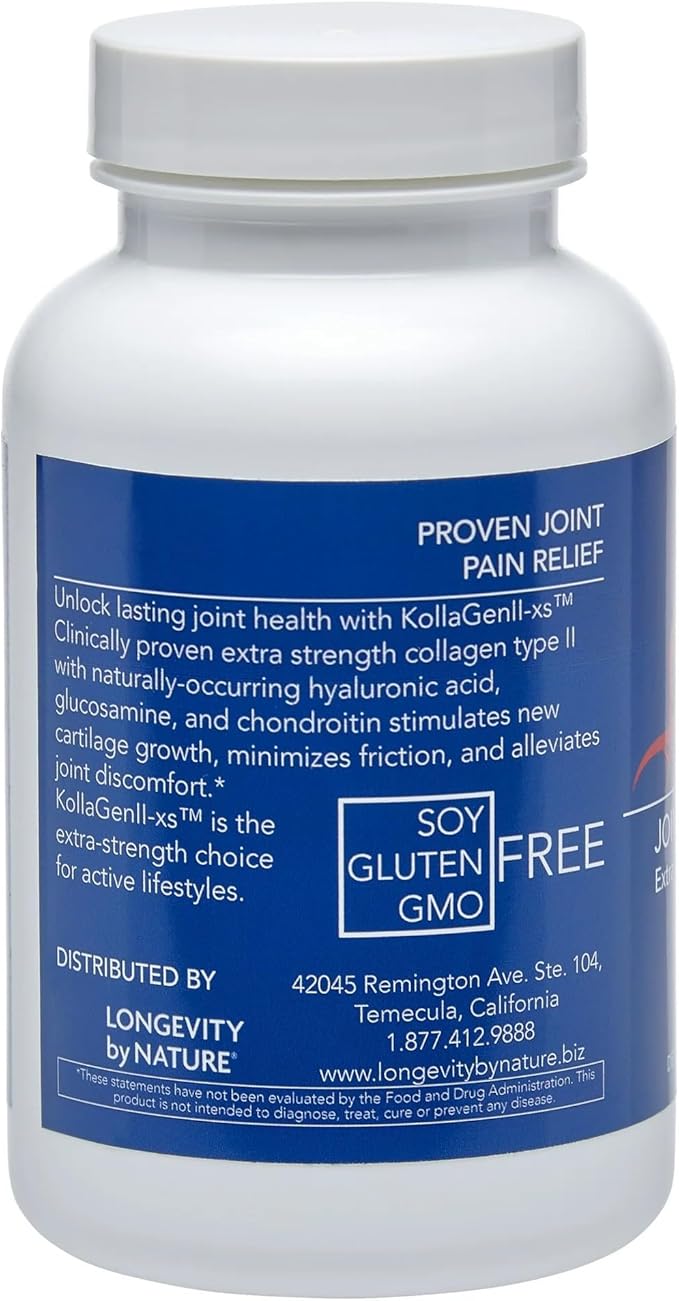 Longevity by Nature Extra Strength KollaGen II-XS- Collagen Type II with Hyaluronic Acid Chondroitin and Glucosamine – Joint Support 120 Capsules.