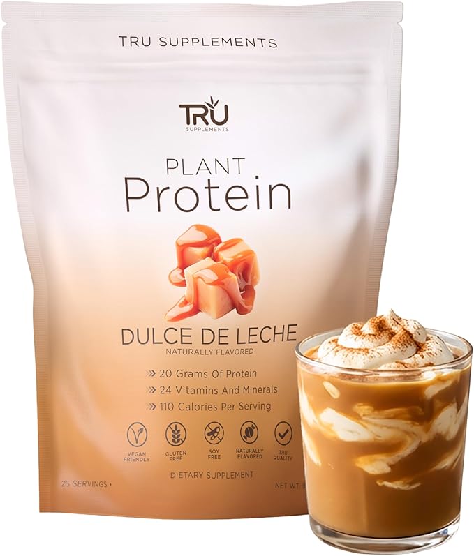 TRU Supplements Plant Based Protein Powder BCAA EAA 20g Vegan Brown Rice &amp Pea Protein 100 Calories 27 Vitamins No Artificial Flavors 25 Servings 25 Servings (Dulce De Leche)