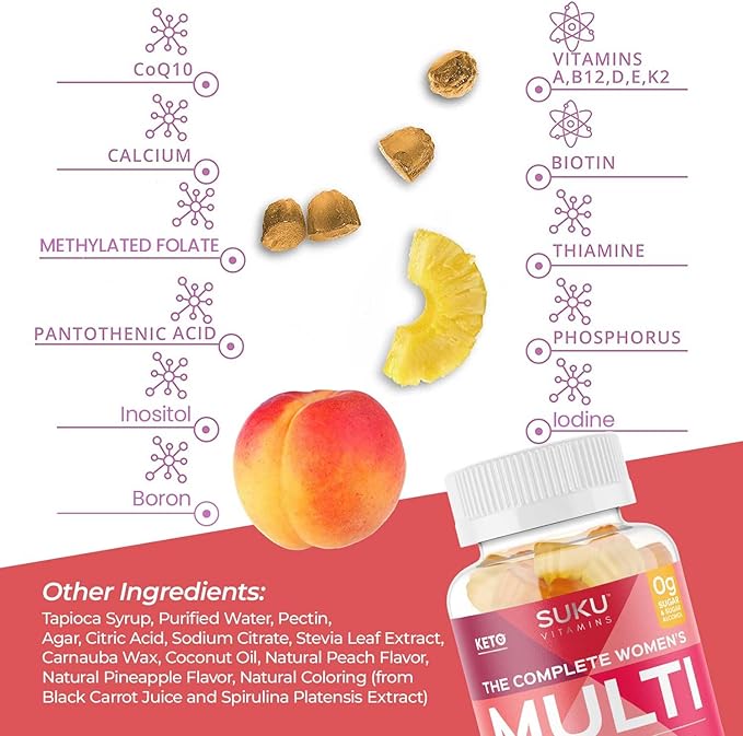 SUKU Vitamins - Complete Women's Multi - with Boron Vitamin K2 B12 A and More for Women Health - Easy to Chew - Non GMO Gluten Sugar Free - Pineapple &amp Peach Flavored Gummy Vitamins 60 Count