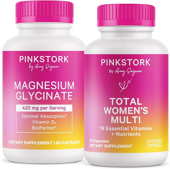 Pink Stork Magnesium Glycinate and Women's Multivitamin Bundle - Magnesium Supplement for Women Calm Mood Hair Skin and Nails
