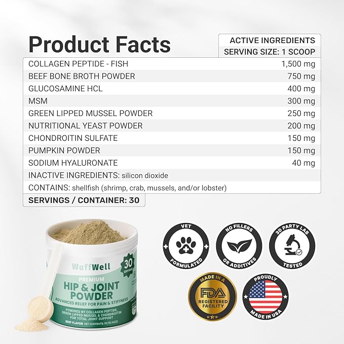 WuffWell Hip and Joint Powder Supplement for Dogs - Glucosamine Dog Joint Health - Joint Supplement for Dogs Powder - Supports Mobility - Dog Joint Powder Supplement - Large Medium Small Breeds
