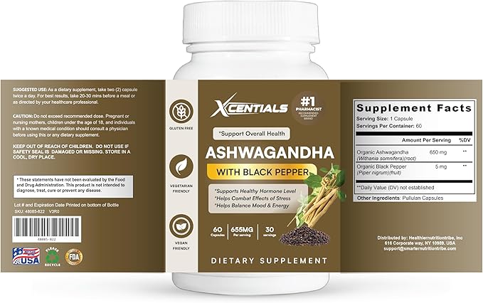 Organic Ashwagandha Root Powder + Extract 656mg with Black Pepper Standardized for Stress Support &amp Calm Gluten‑Free 90 Vegan Capsules