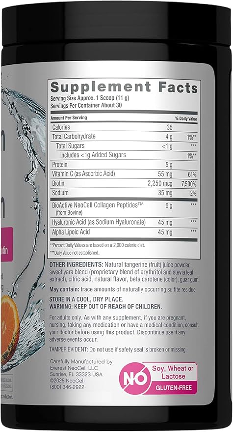 NeoCell Collagen Peptides Powder | 11.6 oz | Grass Fed Bovine | with Biotin and Hyaluronic Acid | Tangerine Twist Flavored | Beauty Infusion Drink Mix | Hair Skin &amp Nails