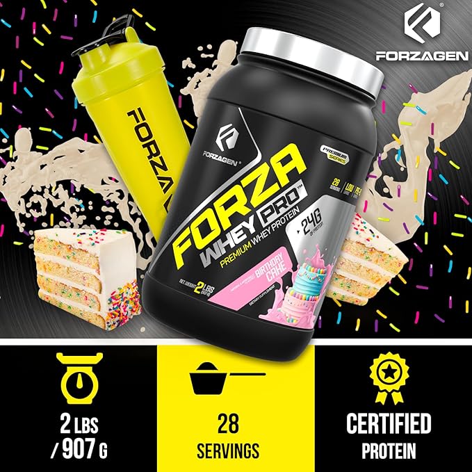 Forzagen Whey PRO Low Carb Protein Powder | 24g of Protein per Serving No Added Sugar Gluten Free Premium Whey for Shakes &amp Mixes for Men &amp Women BCAA | Birthday Cake 2 lbs. (28 Servings)