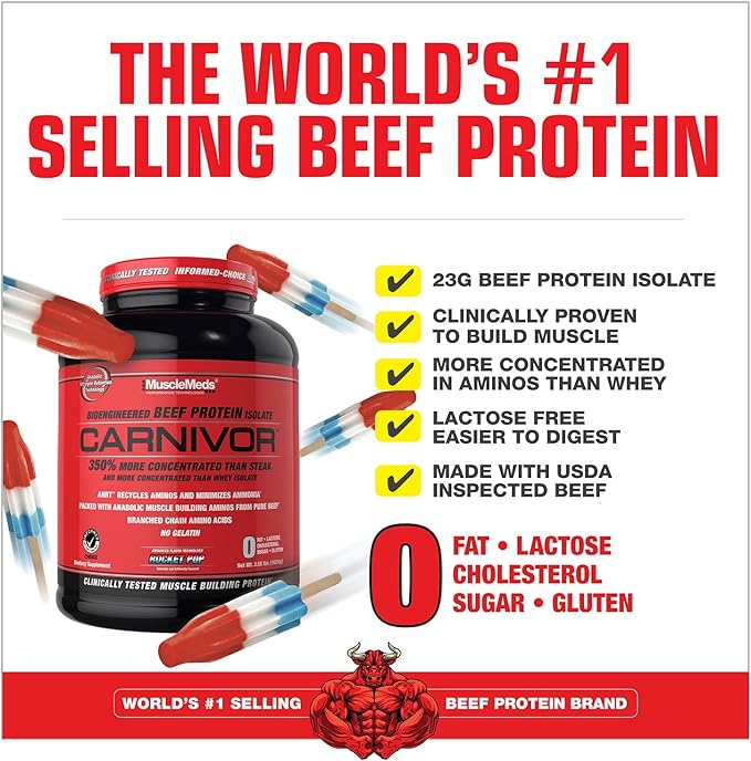 MuscleMeds CARNIVOR Beef Protein Isolate Powder Muscle Building Recovery Lactose Free Sugar Free Fat Free 23g Protein Rocket Pop 56 Servings