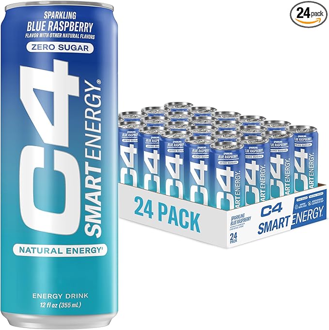 C4 Smart Energy Drink - Sugar Free Performance Fuel &amp Nootropic Brain Booster Coffee Substitute or Alternative | Blue Raspberry 12 Oz - 24 Pack