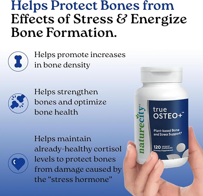 NatureCity True-Osteo Bone Support Supplement – Plant-Based Formula with AlgaeCal Calcium Magnesium Vitamin D3 K2 &amp Silicon | Gentle on Stomach (120 Veggie Capsules)