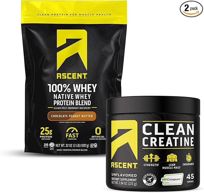 Ascent 100% Whey Protein Powder Chocolate Peanut Butter 2 lb &amp Creatine Monohydrate Powder Unflavored 45 Servings