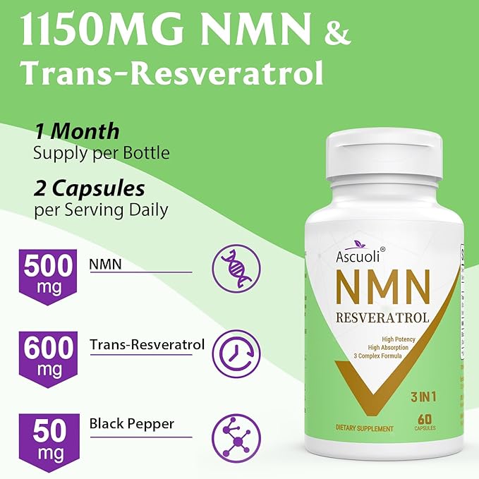 99% Ultra Purity NMN 500mg + Trans-Resveratrol 600mg 1150mg NMN Resveratrol Supplement 3-in-1 Advanced Formula for Boost* NAD Cell Immune Energy &amp Muscle Healthy Aging Stabilized Form - 60