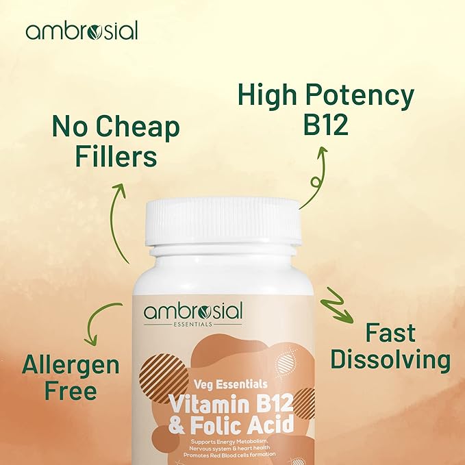AMBROSIAL Vitamin B12 1000 mcg + 500 mcg Folic Acid Pack of 1-120 Capsules