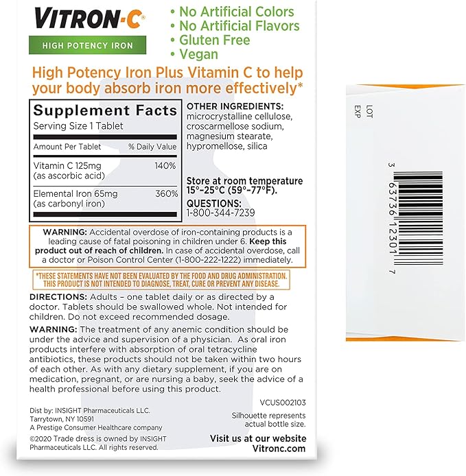 Vitron-C High Potency Iron Supplement with Vitamin C 60 Count Pack of 2