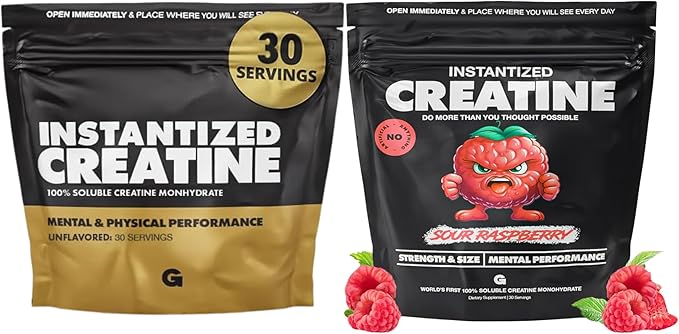 Gains in Bulk Intantized Creatine Bundle Soluble Pre Workout Powder Supports Muscle Building Strength and Performance Unflavored and Raspberry 60 Servings