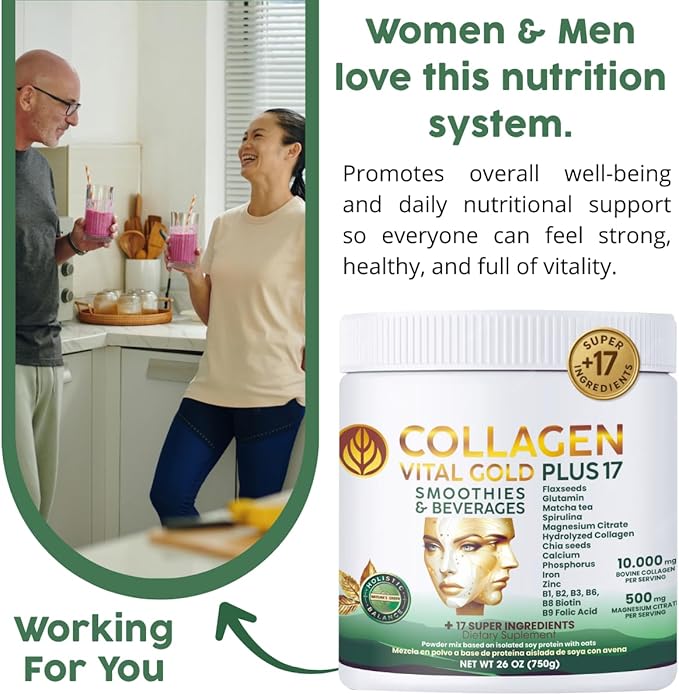 Vital Life Collagen Peptides Powder +17 Super Ingredients 1.6 lb (Pack of 6) Mint &amp Lemon Flavor Supports Hair Skin Nails Bones Joints &amp Digestive Health Collagen for Women &amp Men.
