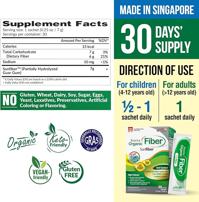 LABO Nutrition Bioactive Organic Fiber – Sunfiber PHGG Soluble Prebiotic Fiber - Digestive Regularity &amp Gut Health – Partially Hydrolyzed Guar Gum Low FODMAP Unflavored Vegan Non-GMO 30 Sache