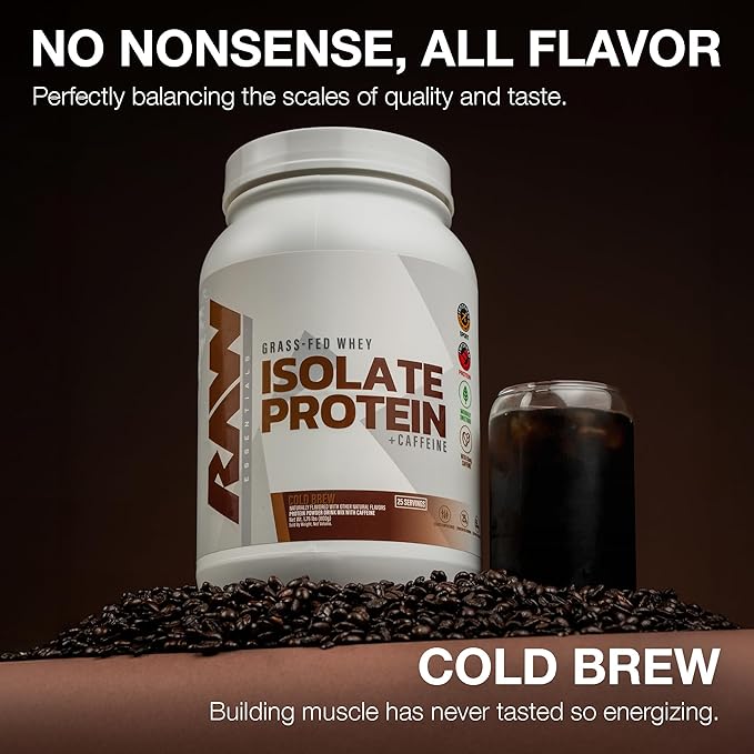 RAW Whey Isolate Protein Powder Cold Brew - 100% Grass-Fed Sports Nutrition Whey Protein Powder for Muscle Growth &amp Recovery - Low-Fat Low Carb Naturally Flavored &amp Sweetened - 25 Servings