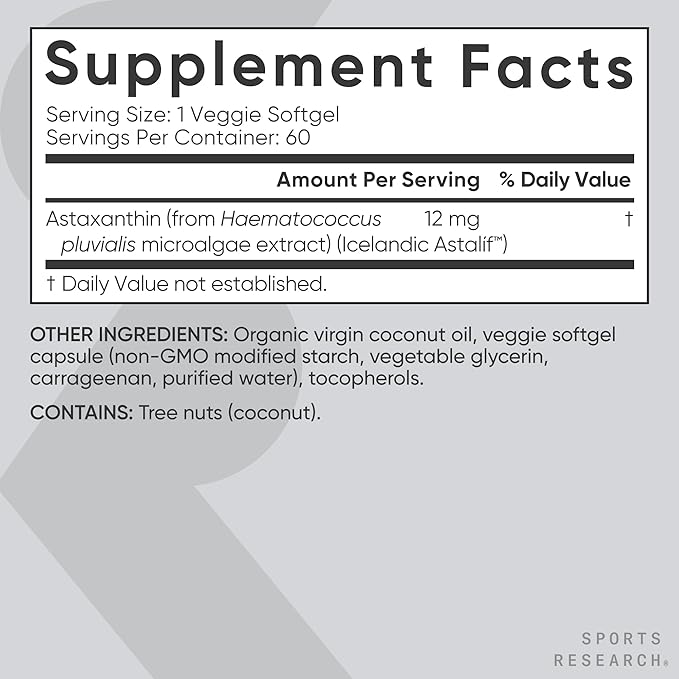 Sports Research Triple Strength Vegan Astaxanthin Supplement from Algae - Plant Based Softgels for Antioxidant Activity Skin &amp Eye Health - Non-GMO Verified Made with Coconut Oil - 12mg 60 Coun