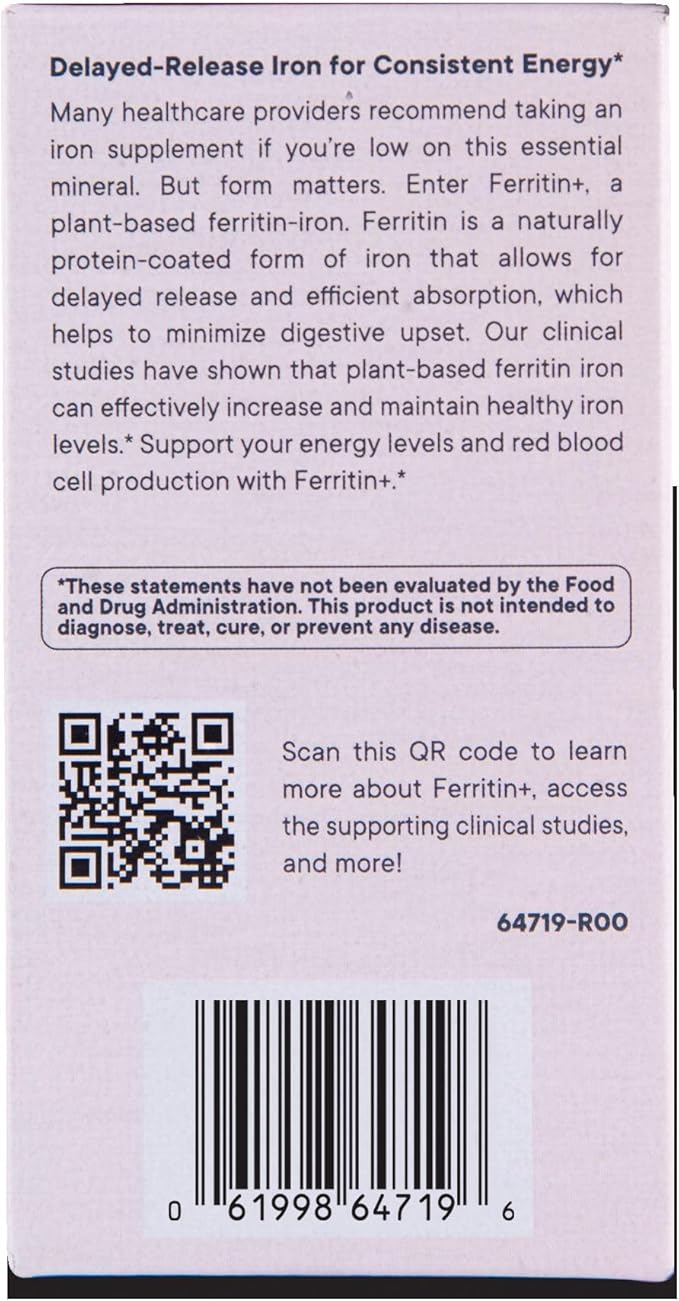 Flora Ferritin+ Delayed-Release Iron Supplement - Plant-Based Iron Supplement - Blood Cell &amp Energy Support - Vegan &amp Gluten-Free - Amber Glass Bottle - 60 Vegan Capsules